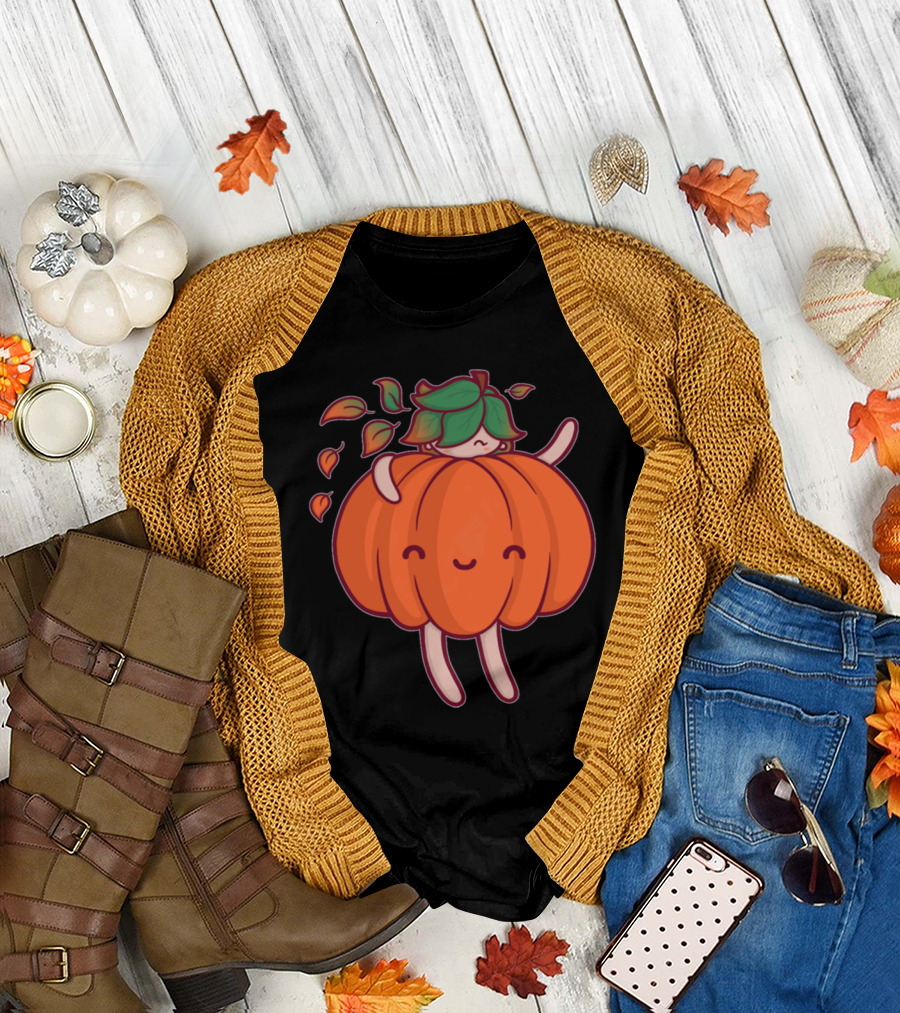 Adorable Pumpkin Sprite with Leaves and Happy Face T-Shirt