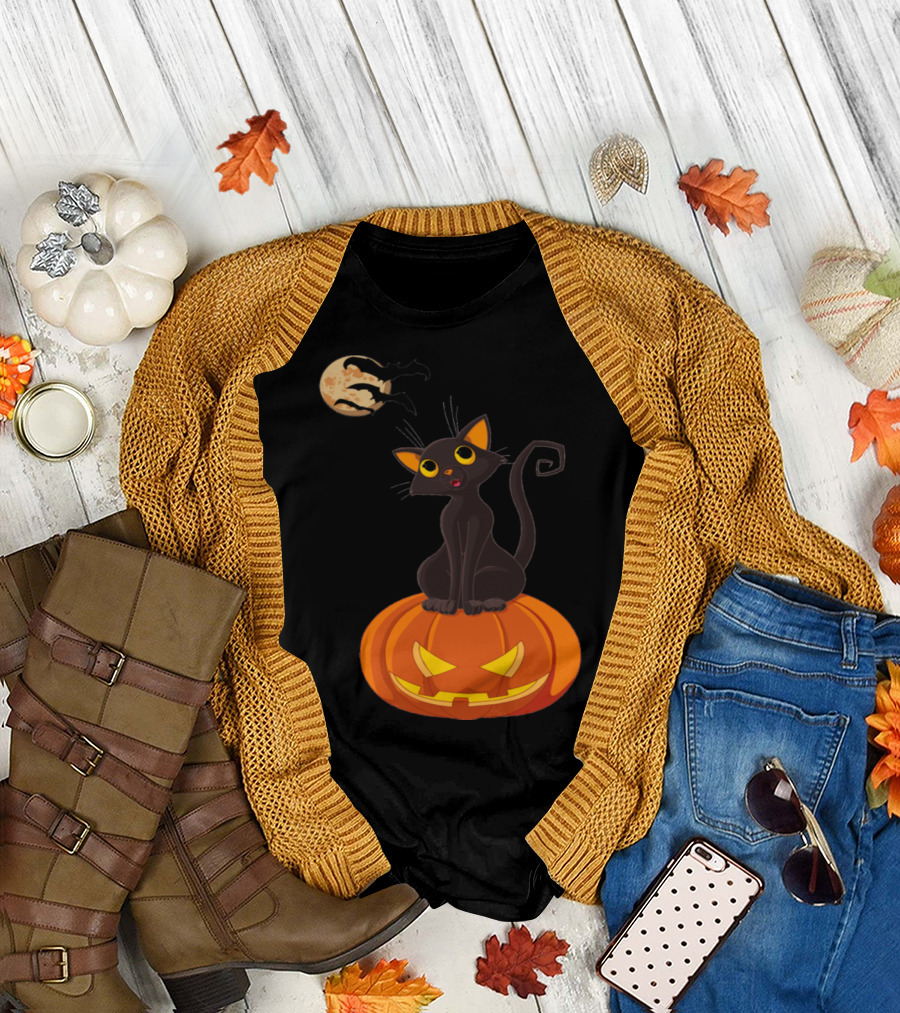 Hallow Night Black Cat on Pumpkin with Moon and Bats T-Shirt