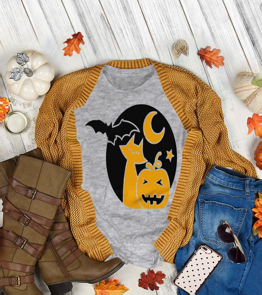 Halloween Circle Bat Cat Pumpkin Moon Star T-Shirt