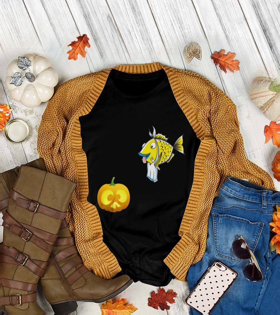 Funny Halloween Fish Eats a Pumpkin with Silly Expressions T-Shirt