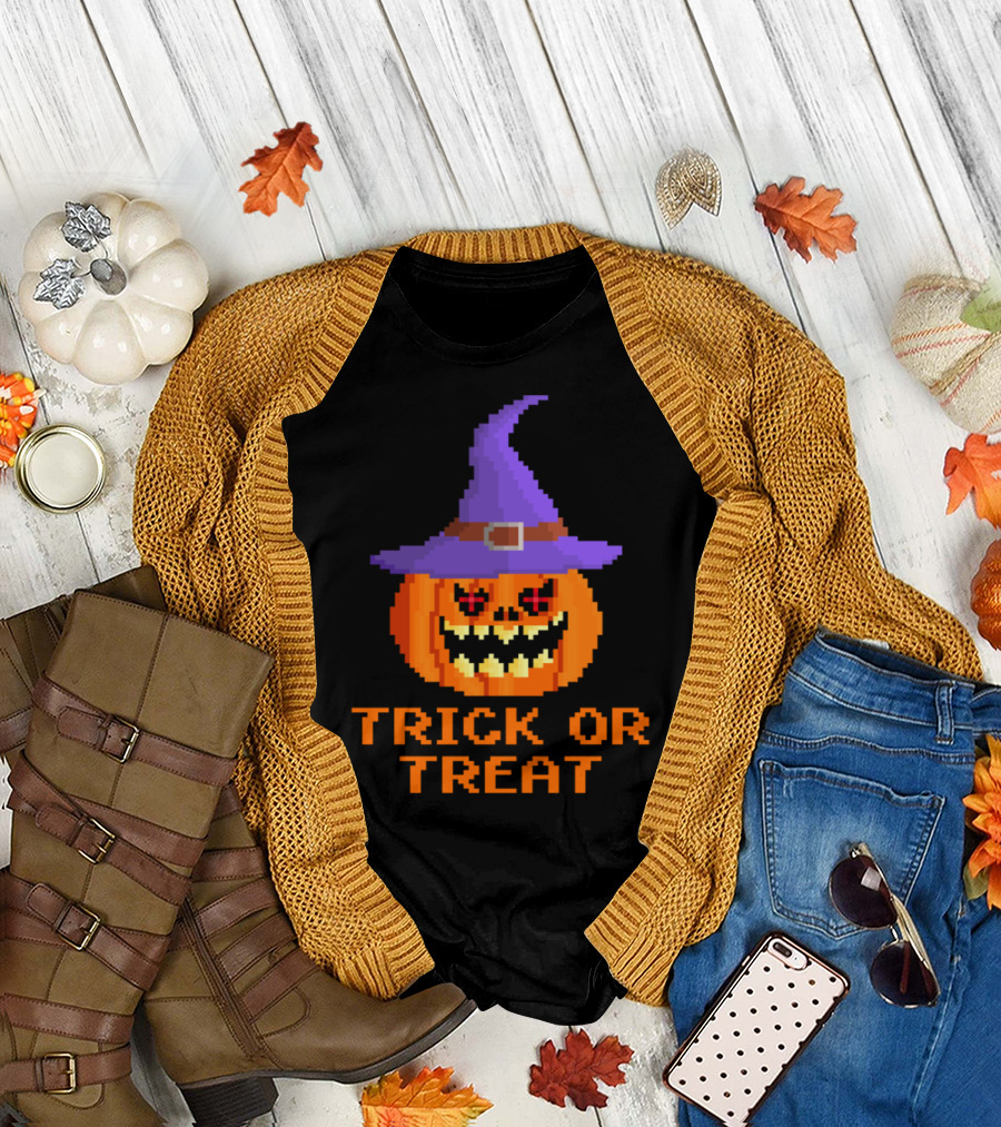 Trick or Treat Halloween Pumpkin with Witch Hat T-Shirt