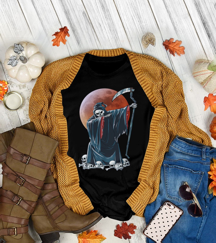 Grim Reaper Skeleton Dabbing with Scythe in Front of Red Moon T-Shirt