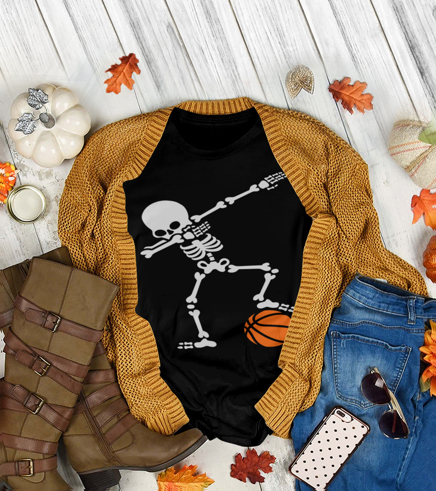 Dabbing Skeleton Holding Football and Basketball T-Shirt