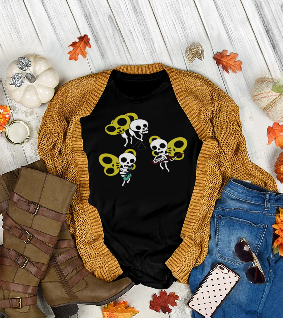 Skeleton Butterfly Band Playing Instruments T-Shirt