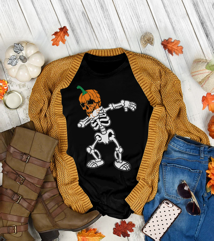 Dabbing Skeleton Pumpkin Head Halloween Kids T-Shirt