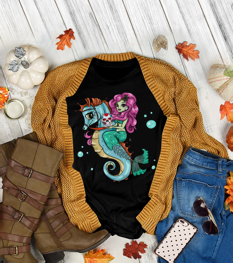 Halloween Skeleton Mermaid Sugar Skull Sea Horse Adventure T-Shirt