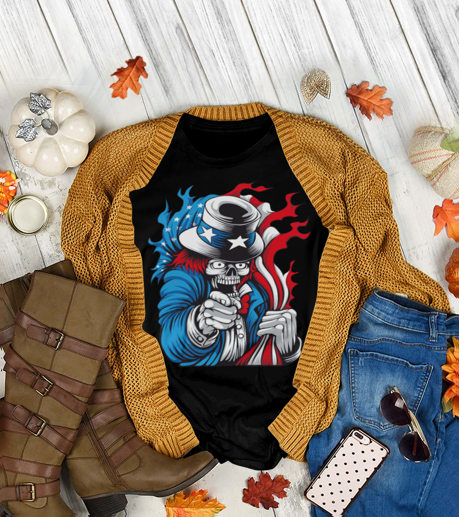 Skeleton Uncle Sam Holding American Flag Vector T-Shirt