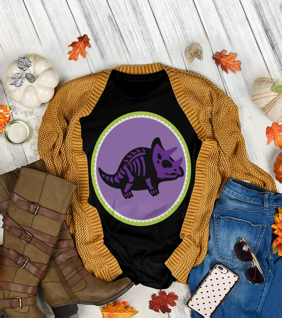 Triceratops Dinosaur Skeleton Purple Oval T-Shirt