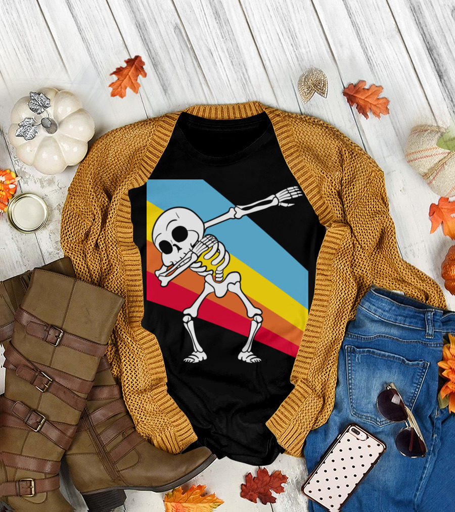 Retro Vintage Style Dabbing Dab Skeleton with Colorful Stripes T-Shirt