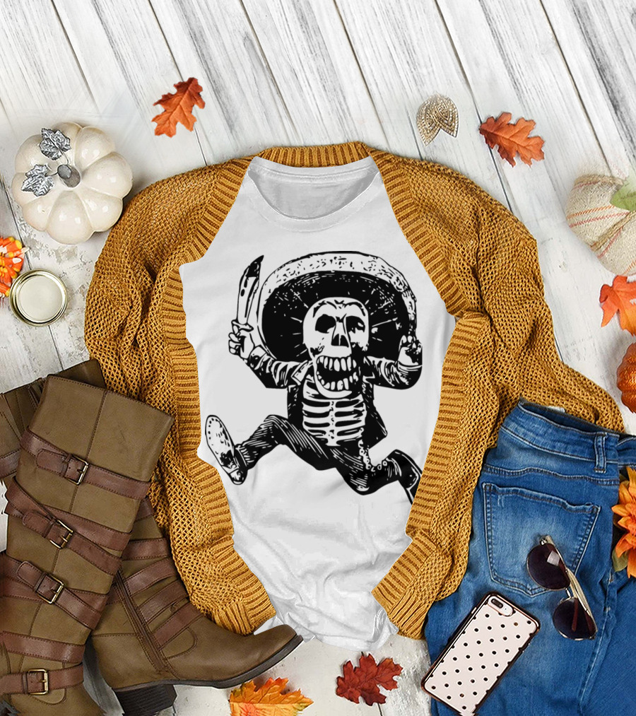 Calavera de José Guadalupe Posada Mexican Skeleton with Sombrero and Knife T-Shirt