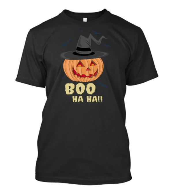 Boo Ha Ha Halloween Pumpkin With Witch Hat And Bats T-Shirt