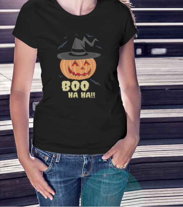 Boo Ha Ha Halloween Pumpkin With Witch Hat And Bats T-Shirt