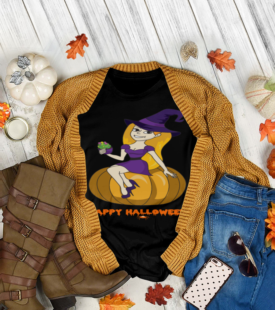 Happy Halloween Witch Sitting on Pumpkin Holding Cupcake T-Shirt