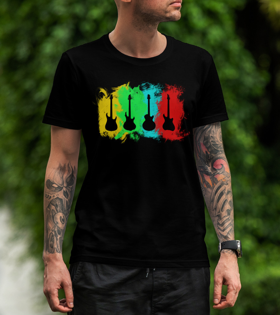Colored Guitars Electric Acoustic Silhouette Yellow Green Blue Red T-Shirt