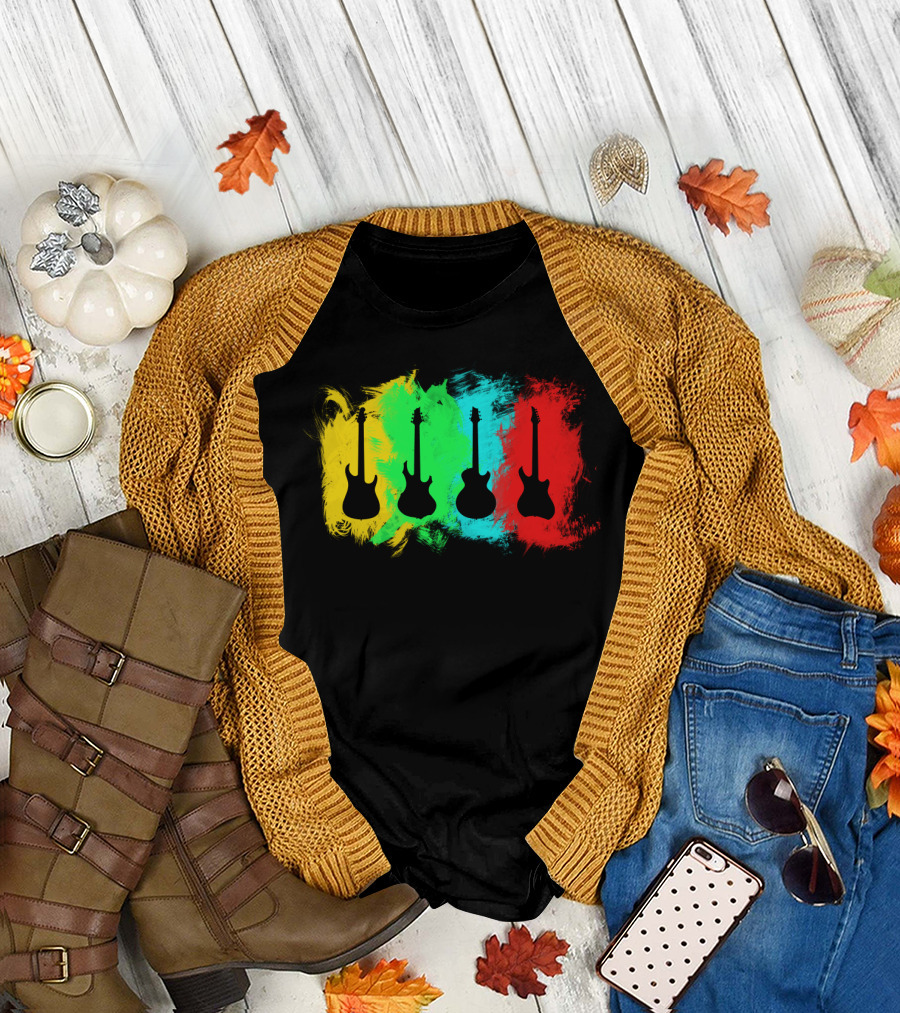 Colored Guitars Electric Acoustic Silhouette Yellow Green Blue Red T-Shirt