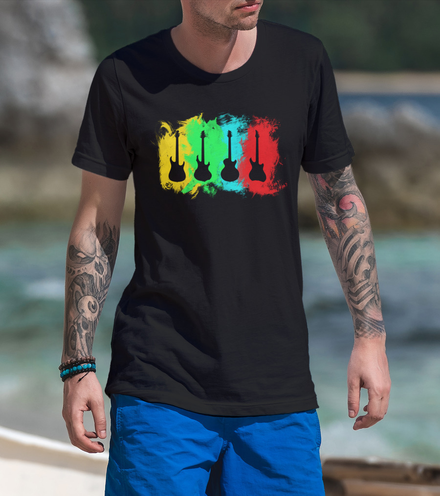 Colored Guitars Electric Acoustic Silhouette Yellow Green Blue Red T-Shirt