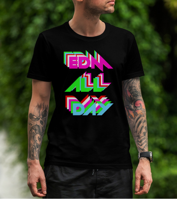 EDM All Day Cool Neon Anaglyph Style Rave Black Ink T-Shirt