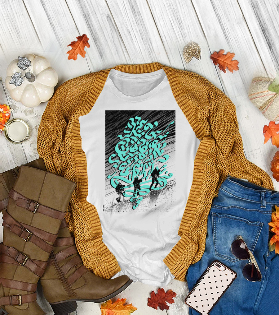 K2 Alpinistes Bold Graphic with Abstract Teal Script and Climbers T-Shirt