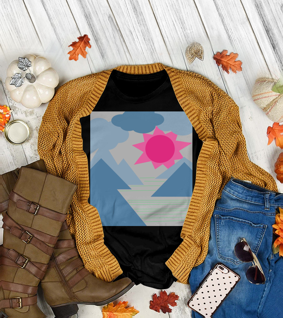Korean Sunrise Landscape with Blue Mountains and Pink Sun T-Shirt