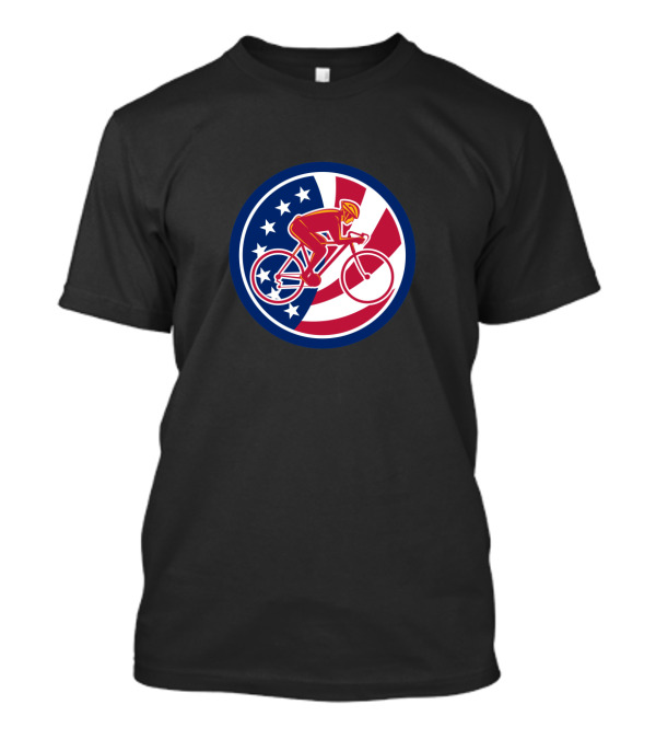 American Cyclist With USA Flag Icon In Red White And Blue Circle T-Shirt