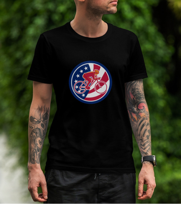 American Cyclist With USA Flag Icon In Red White And Blue Circle T-Shirt