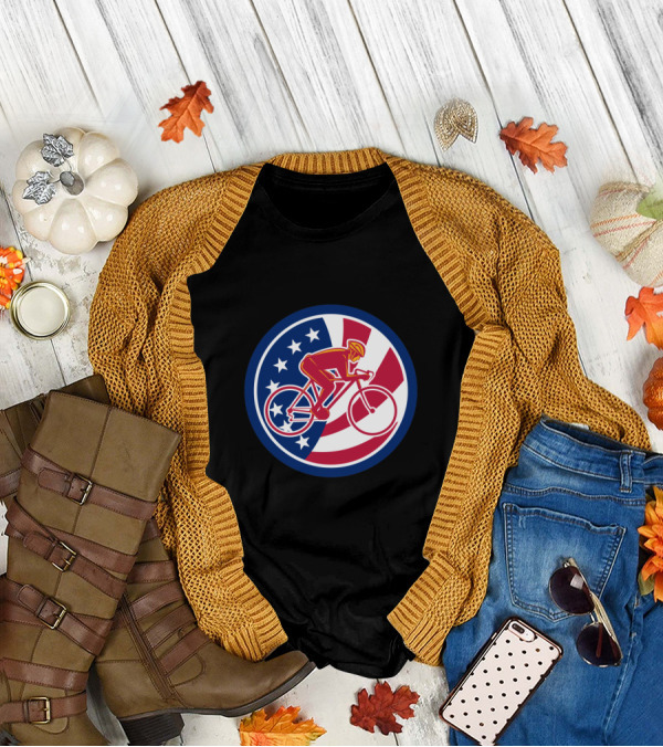 American Cyclist With USA Flag Icon In Red White And Blue Circle T-Shirt
