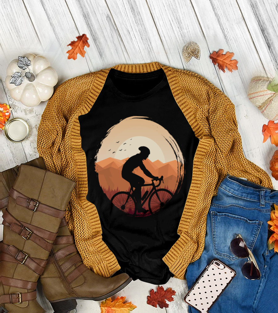 Bike Sunset Silhouette Against Mountain Backdrop in Circular Frame T-Shirt