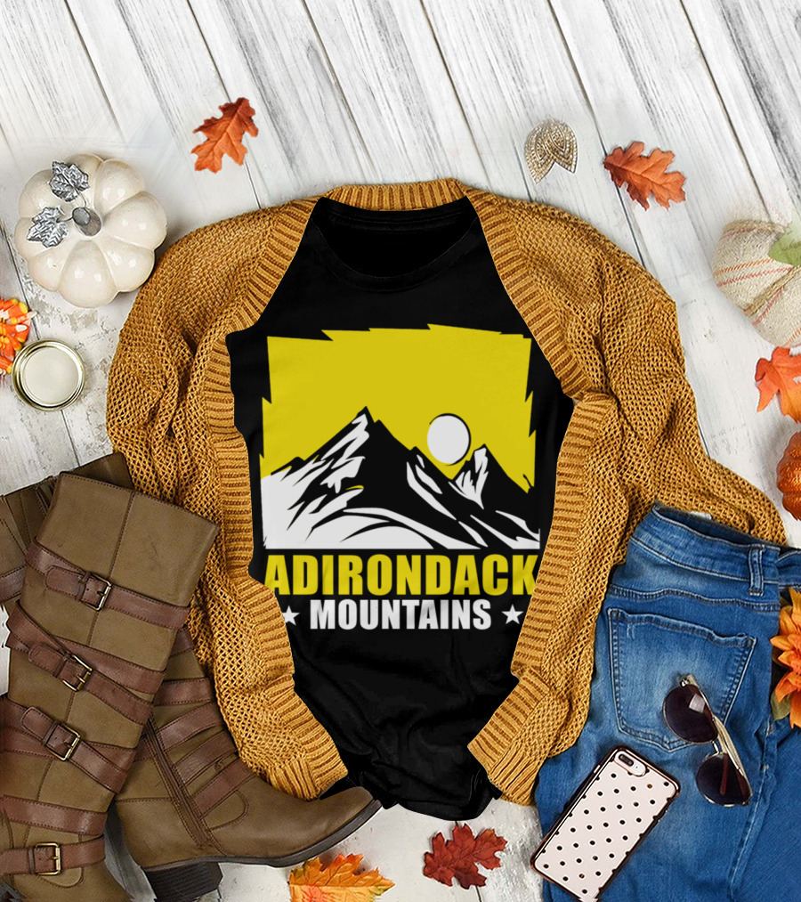 Adirondack Mountains Yellow Black Silhouette with Sun and Stars T-Shirt