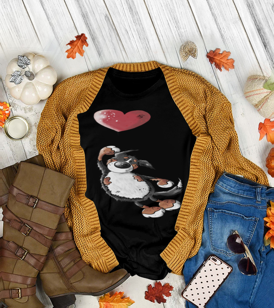 Joyful Bernese Mountain Dog Holding Red Heart Balloon T-Shirt