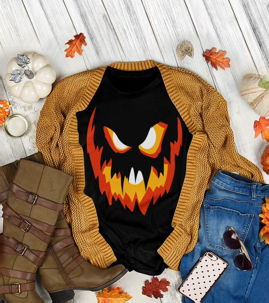 Pumpkin Face Red Yellow Flames Spooky Halloween T-Shirt