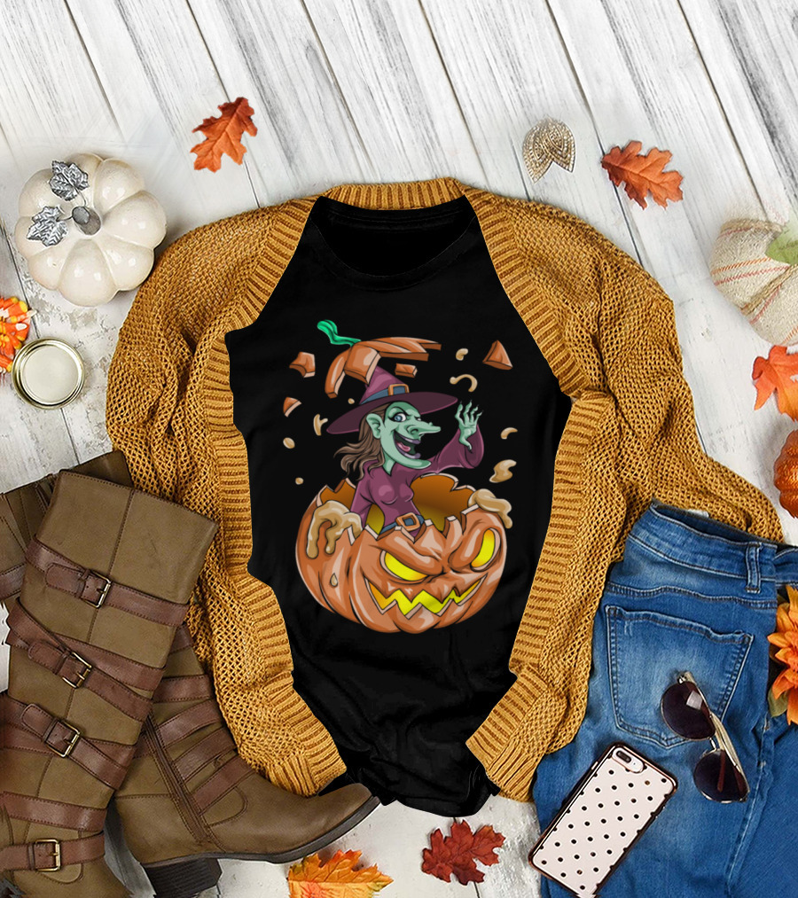 Witch Emerging from Jack-O'-Lantern Pumpkin T-Shirt