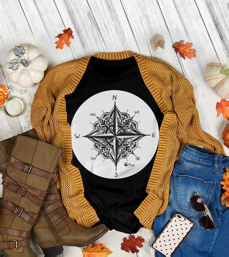Mandala Compass Rose Hand Drawn N S E W Directions T-Shirt