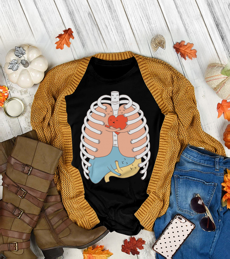 Hugs Keep Us Alive Heart and Lung Embrace Under Rib Cage with Smiling Characters T-Shirt