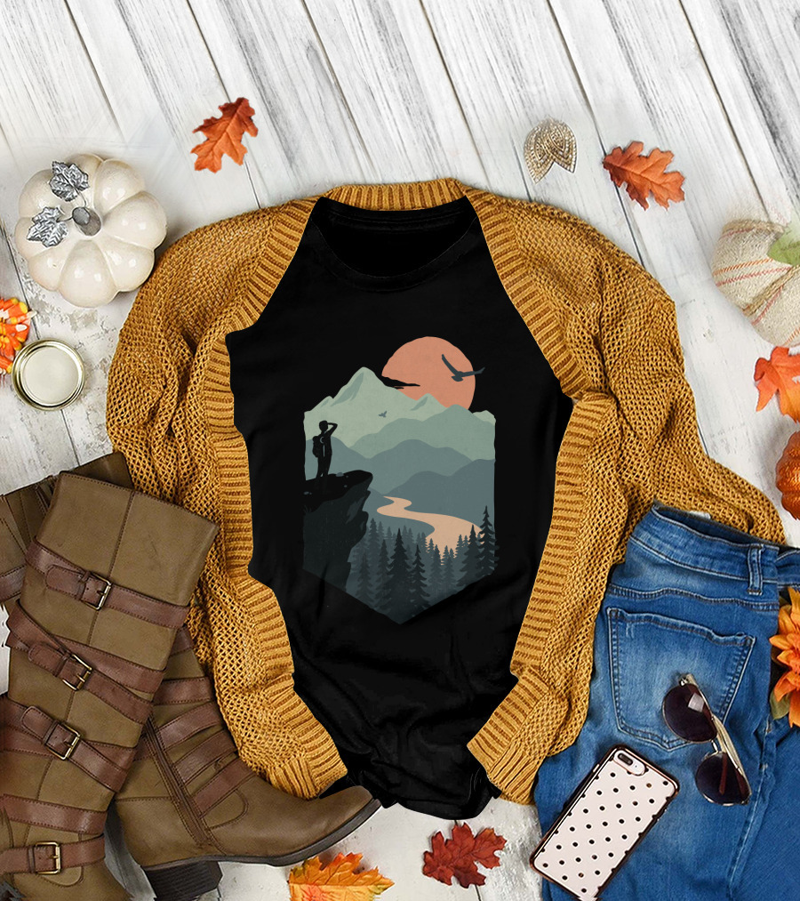 Vast Views Scenic Mountain Sunset with Silhouette and Birds T-Shirt