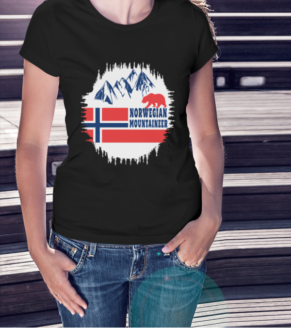 Norwegian Mountaineer Bear And Mountains With Flag T-Shirt