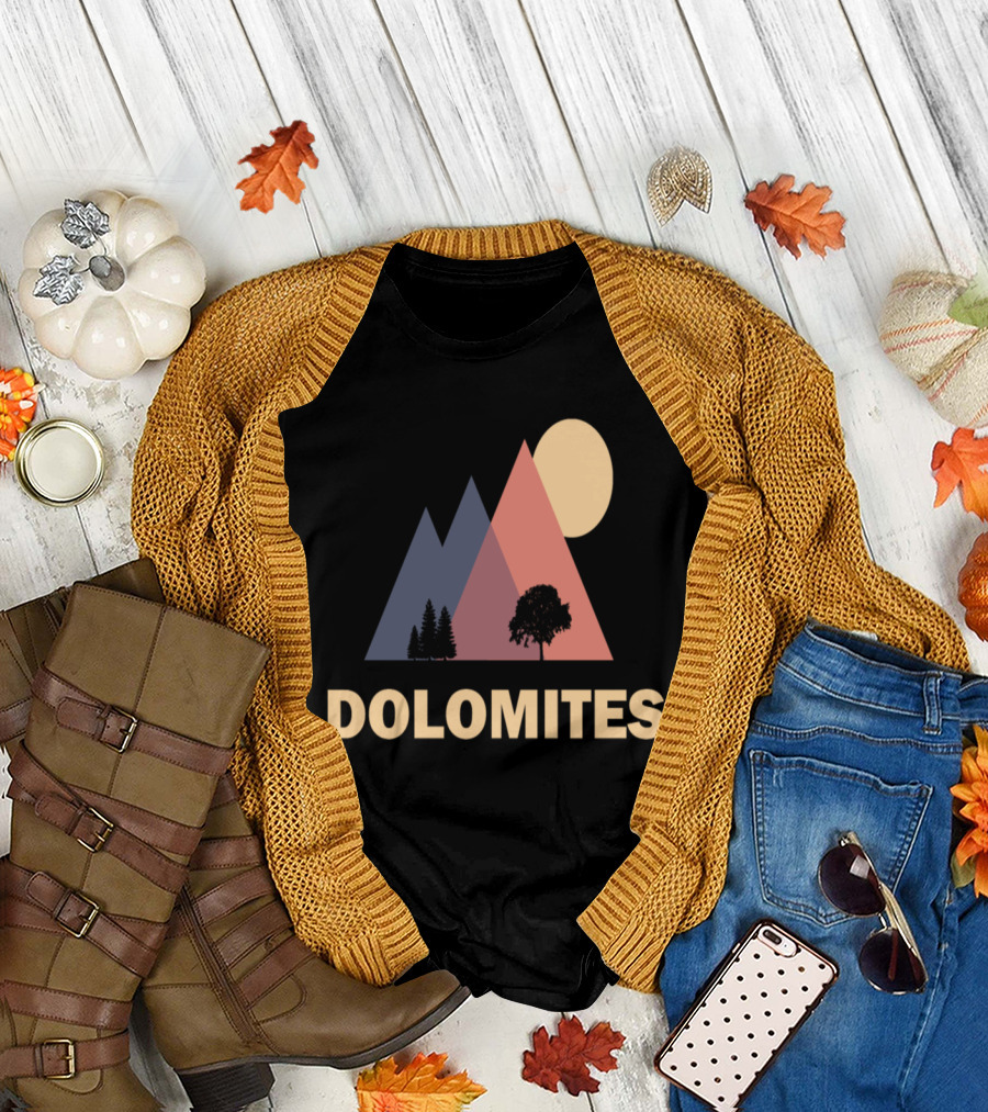 Dolomites Mountain Silhouette with Trees and Sun T-Shirt