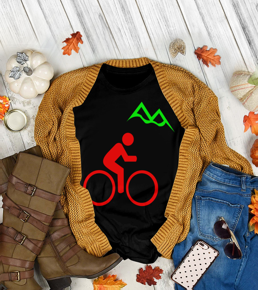 Cycling Red Figure with Green Mountain Peaks T-Shirt