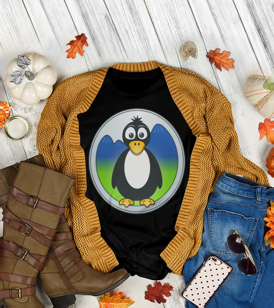 Penguin with Blue Mountains and Green Hills Circular Badge T-Shirt