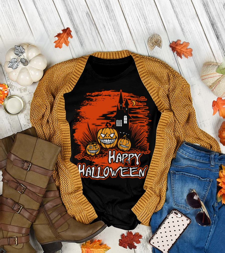 Happy Halloween Grinning Pumpkins with Haunted House Scene T-Shirt