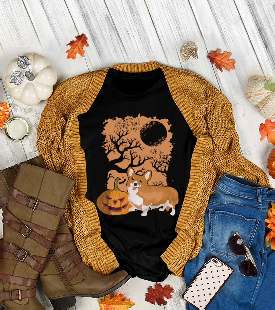 Corgi and Pumpkin under Spooky Tree and Moon T-Shirt