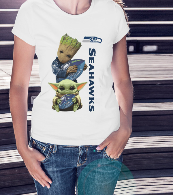 Baby Groot And Baby Yoda Hugging Seahawks Football T-Shirt