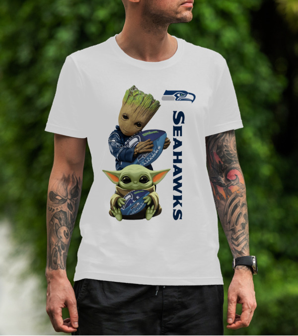 Baby Groot And Baby Yoda Hugging Seahawks Football T-Shirt
