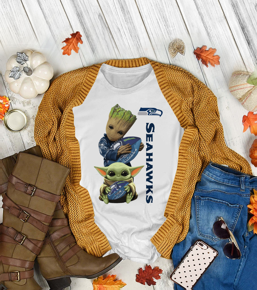 Baby Groot and Baby Yoda Hugging Seahawks Football T-Shirt
