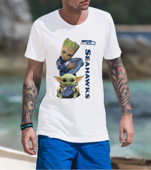 Baby Groot And Baby Yoda Hugging Seahawks Football T-Shirt