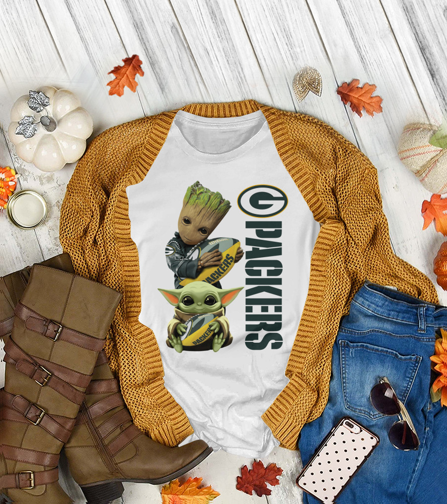 Baby Groot and Baby Yoda with Packers Football T-Shirt