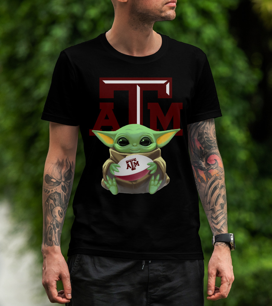 Baby Yoda Holding Texas A&M Aggies Football ATM T-Shirt