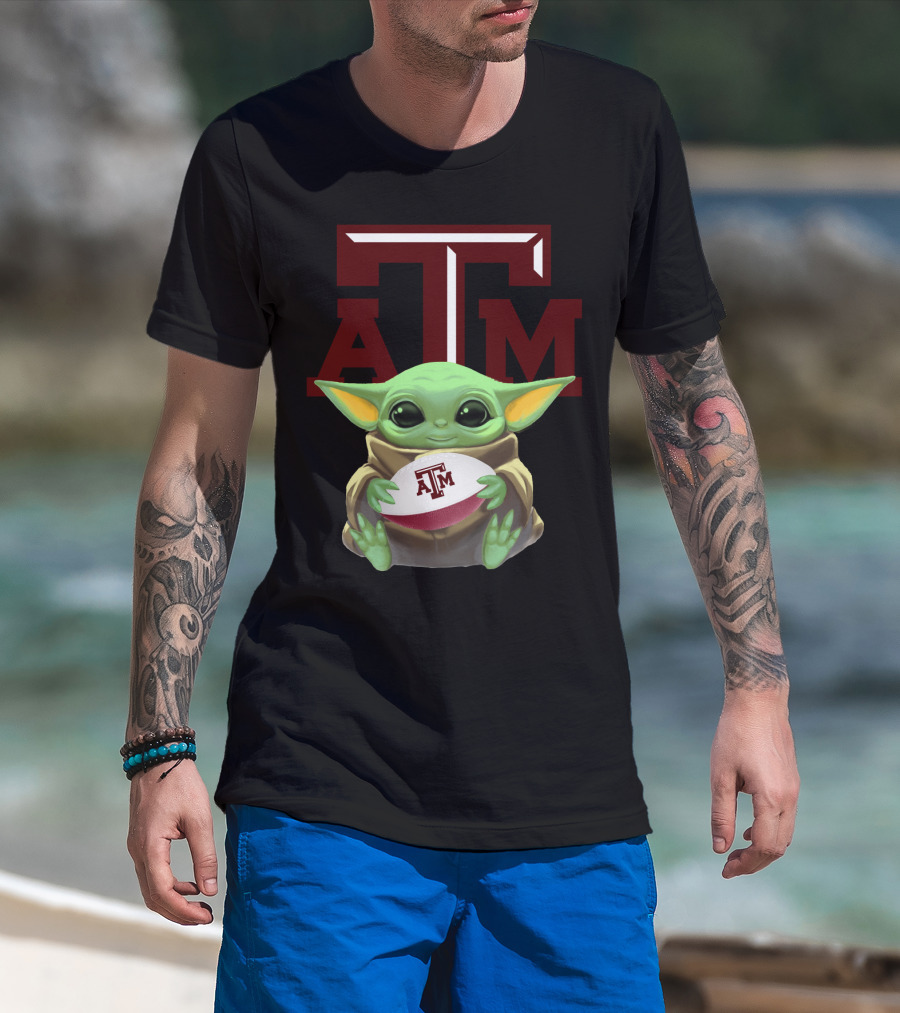 Baby Yoda Holding Texas A&M Aggies Football ATM T-Shirt