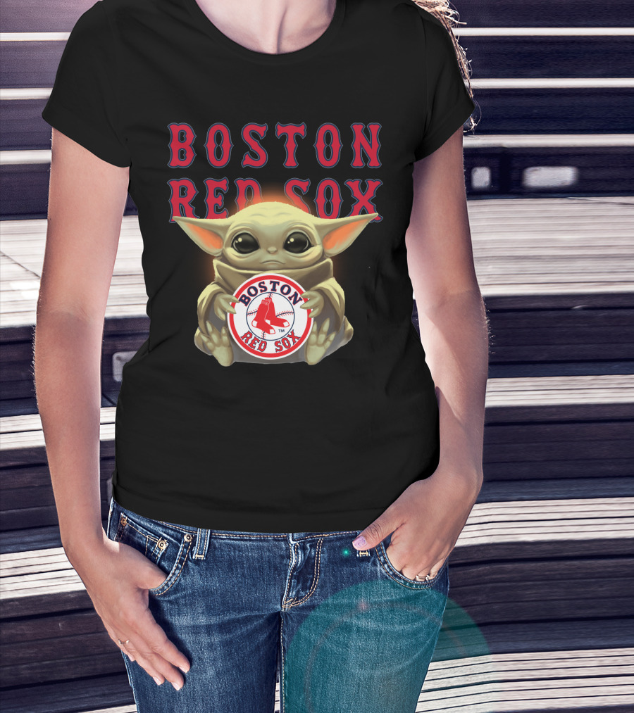 Boston Red Sox Baby Yoda Hugging Red Sox Emblem T-Shirt