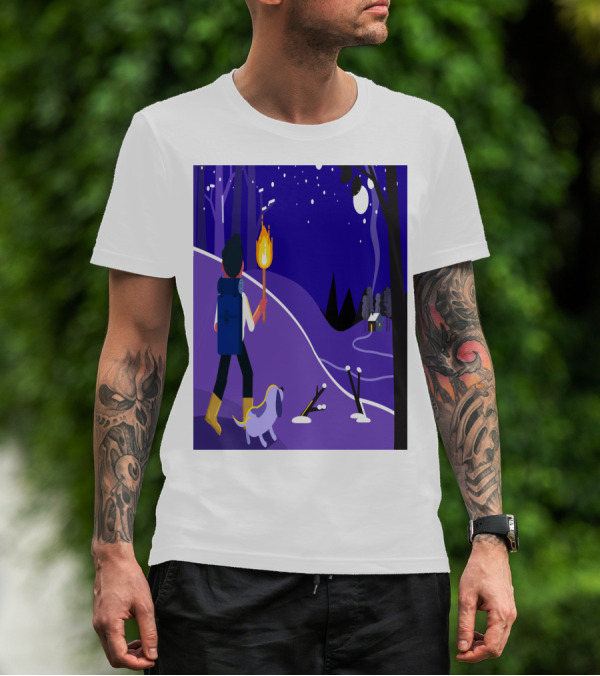 Nighttime Hiker With Backpack And Dog Under Moonlit Sky T-Shirt