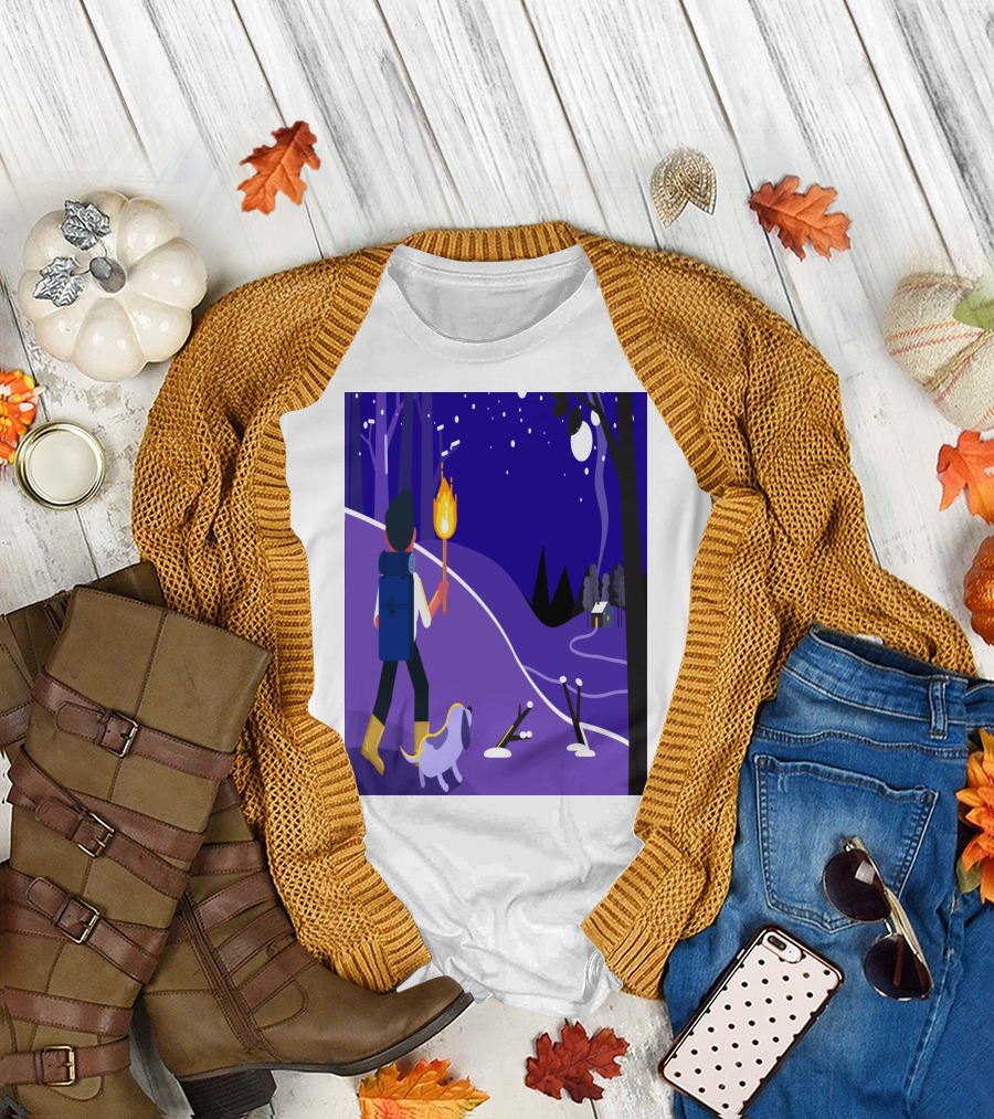 Nighttime Hiker with Backpack and Dog Under Moonlit Sky T-Shirt